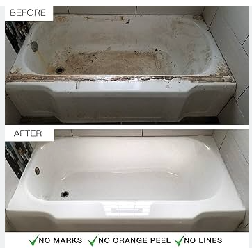 Bathtub before and after liquid liner refinishing — no marks, no orange peel, no lines