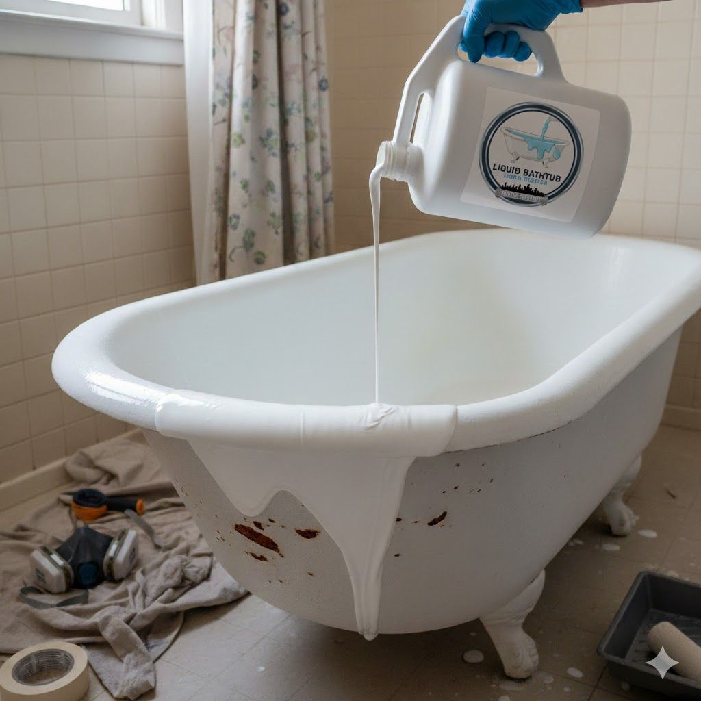 Liquid porcelain being poured into a bathtub during liner installation in Livonia, MI