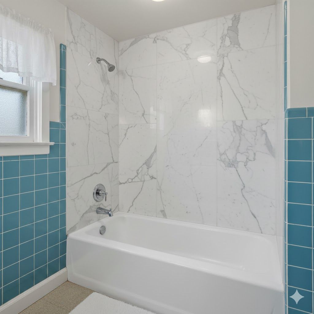Refinished marble-look bathroom tile surround in Westland, MI